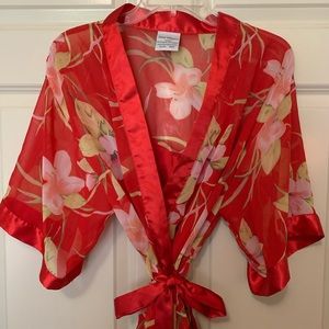 Red satin gown and floral robe